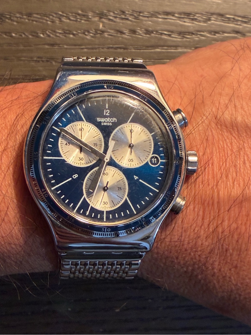 Swatch Men's Blue Dial with Silver Subdials Stainless Steel Chronograph